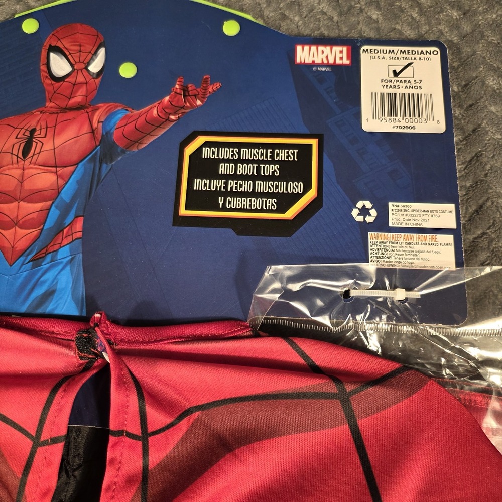 Spider-Man Costume Boys M 8-10 Marvel Muscle Chest Mask Gloves Rubies 2021 New - Picture 7 of 8